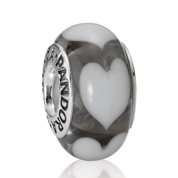 Pandora Retired Clear Murano Glass Bead with White Hearts - 790666 - Picture 1 of 6
